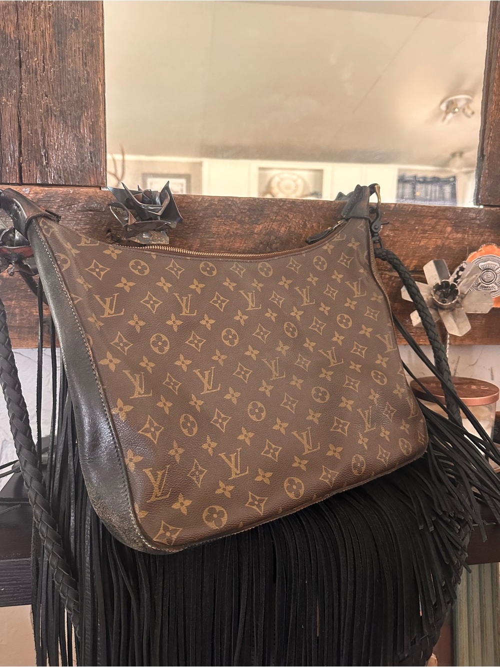 Louis Vuitton Brown Monogram Revamp with Black Fringe Crossbody Bag Vintage Boho - Picture 6 of 12